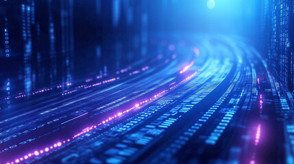 Vibrant digital data streams flowing through a futuristic blue-lit environment at night
