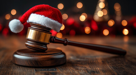 A wooden gavel with a red hat on top of it is placed on a wooden surface. The hat is Santa Claus, and the gavel is a symbol of authority. The scene is set in a festive atmosphere