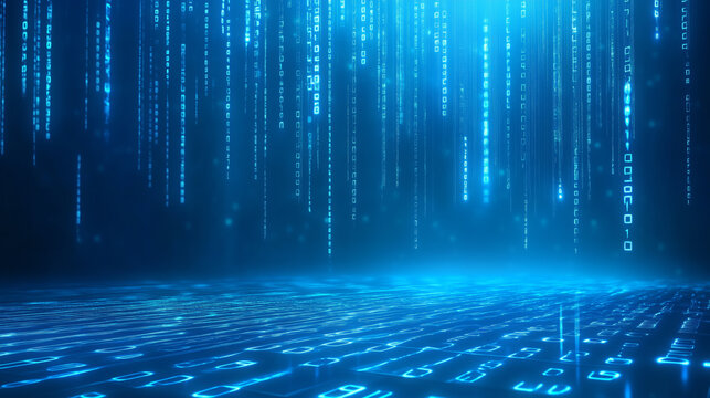 Digital rain with glowing binary code cascading in a futuristic, blue environment