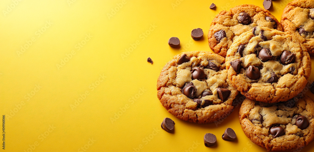 Poster a close up of a yellow background with four chocolate chip cookies on it. the cookies are piled on t