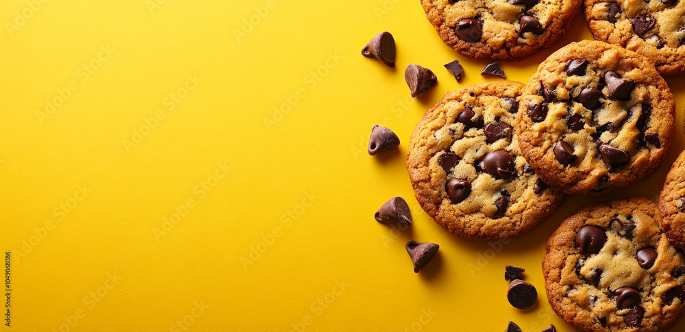 Poster a yellow background with a plate of chocolate chip cookies. the cookies are piled on top of each oth