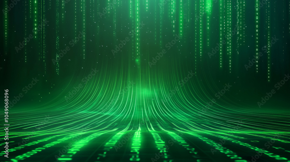 Poster abstract green digital landscape with cascading data streams at night