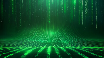 Abstract green digital landscape with cascading data streams at night