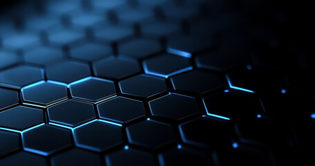 Obraz premium A close up of a blue hexagonal pattern. The pattern is made up of small squares and is very detailed. The image has a futuristic feel to it