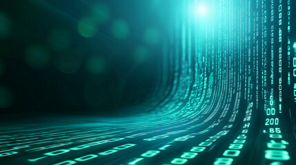 Abstract representation of flowing binary code on a dark background in a digital landscape