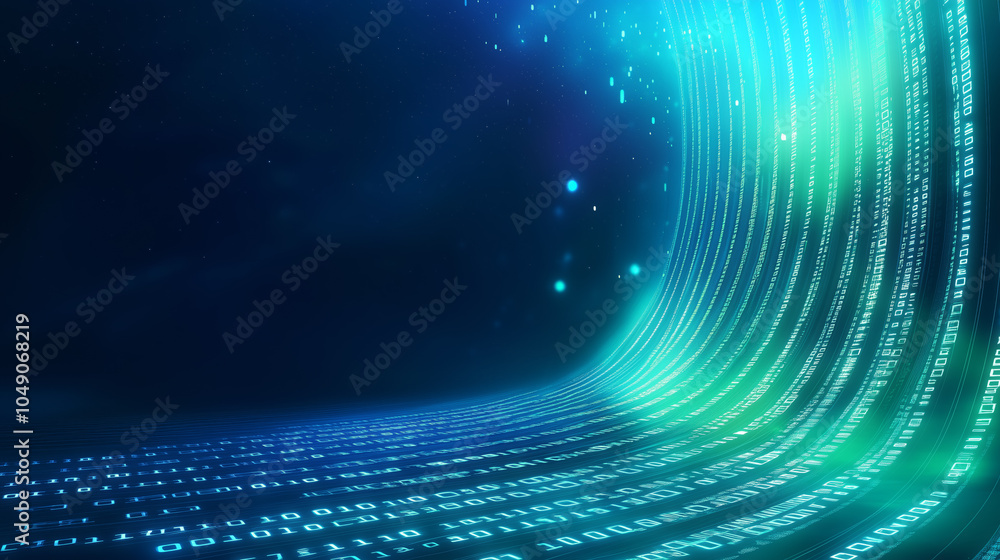 Poster digital wave of binary code flowing through a dark space with glowing accents