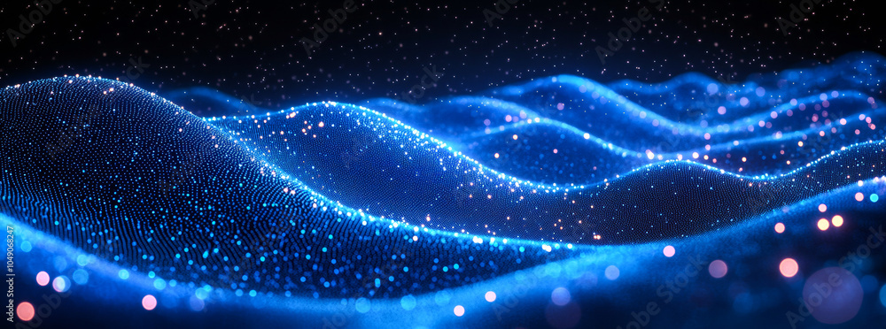 Poster a blue and white image of a wave with a lot of sparkles. the image has a dreamy and ethereal quality