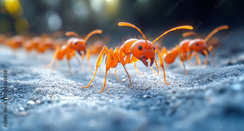 Poster a group of red ants are standing on a blue surface. the image has a playful and whimsical mood, as t
