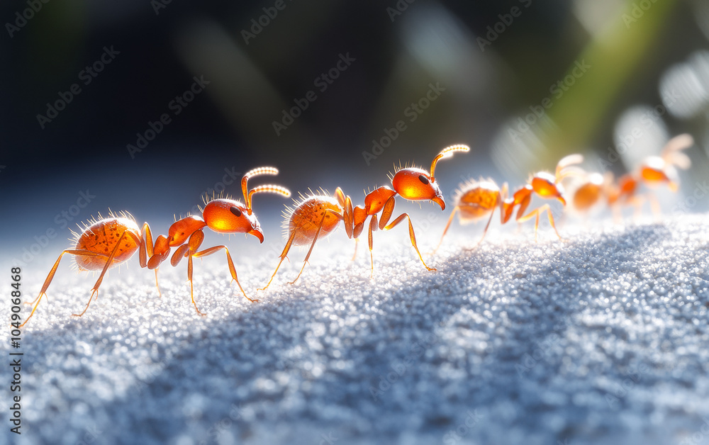 Poster a group of ants are walking in a line. concept of unity and teamwork among the ants as they move tog