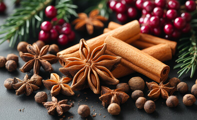 A close up of a variety of spices including cinnamon, cloves, and star anise. The spices are scattered on a black background, creating a warm and inviting atmosphere
