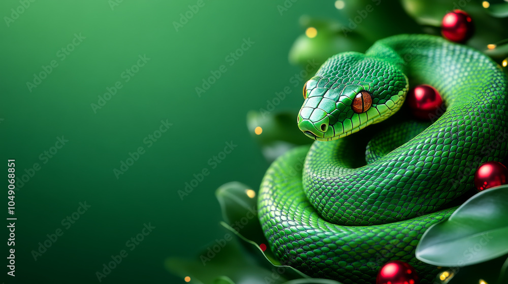 Poster a green snake is curled up next to some red berries. the snake is surrounded by green leaves and the