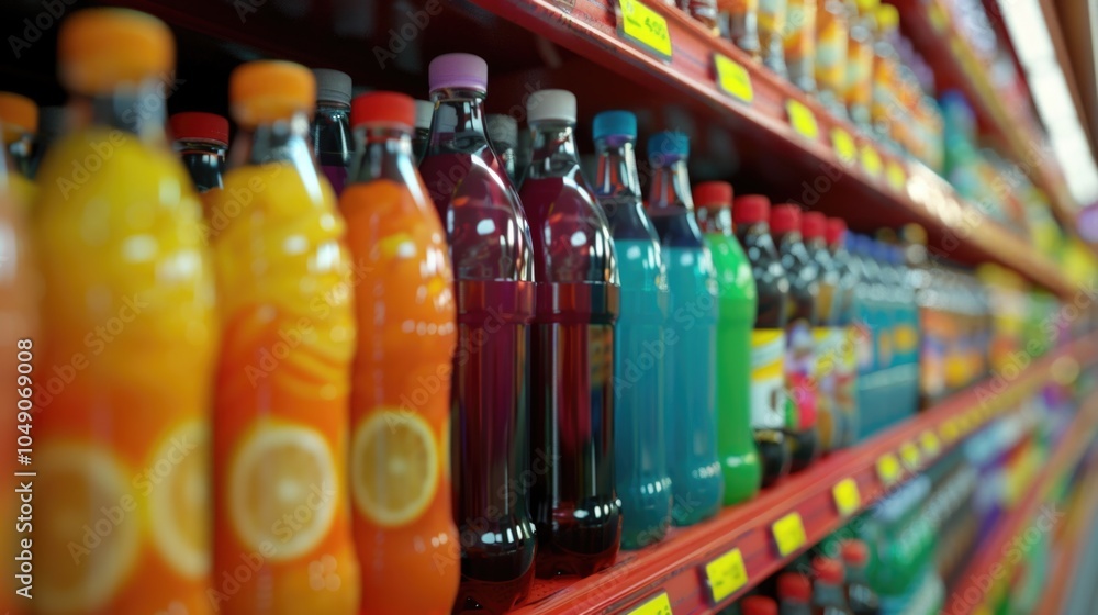 Aufkleber row of colorful bottles of soda and juice on a shelf. the bottles are arranged in a rainbow pattern,