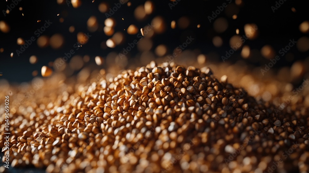 Poster pile of brown grains is shown in a blurry, grainy image. the grains are scattered and appear to be f