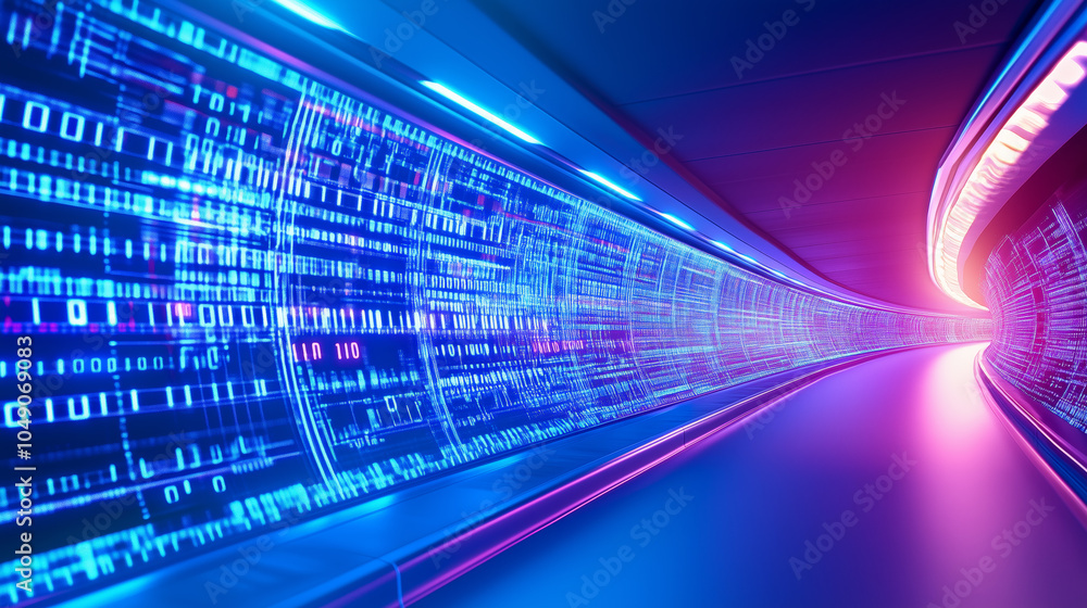 Fototapete futuristic digital tunnel with glowing binary code patterns illuminated in blue and pink hues