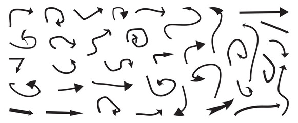 Set of simple lines hand drawn black arrows. Arrow mark icons. Collection hand drawn arrows.