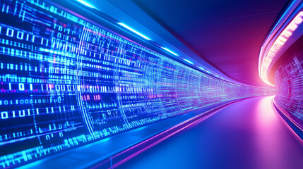 Futuristic digital tunnel with glowing binary code patterns illuminated in blue and pink hues