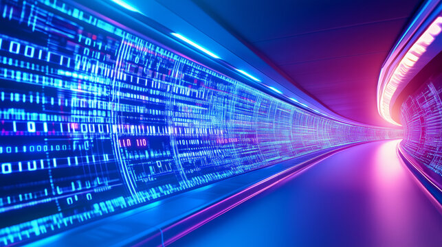 Futuristic digital tunnel with glowing binary code patterns illuminated in blue and pink hues