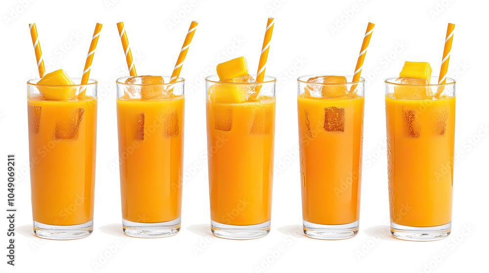 Poster mango juice with ice and straws on clear background generative ai