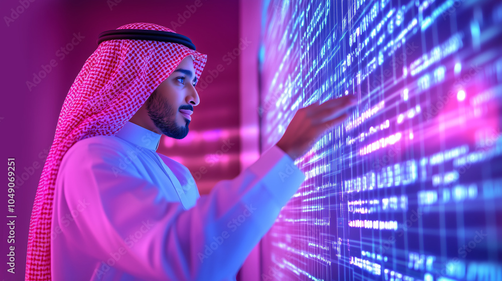 Poster young arab man interacting with a digital display in a tech-driven environment at night