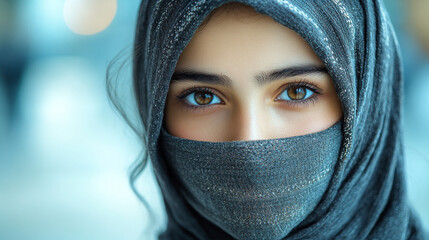 Fototapeta premium A woman wearing a blue scarf with a blue eye shadow. The scarf is covering her face. The woman has brown eyes