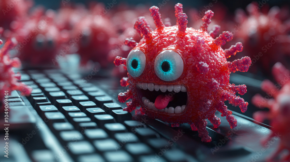 Poster a computer keyboard with a red, glowing, and smiling virus on it. the virus is surrounded by other v
