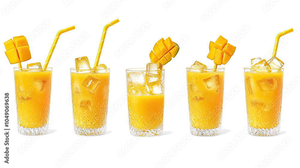 Aufkleber mango juice with ice and straws on white background generative ai