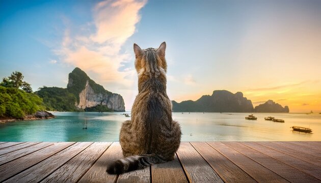  tranquil cat sits calmly on a wooden deck, admiring a beautiful sunset over tropical waters with mountains in the distance, embodying peace, relaxation, and the serenity of nature in a Thailand parad