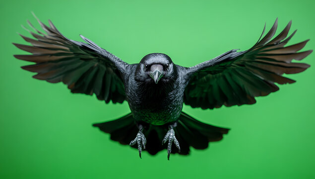A black crow is flying in the air with its wings spread wide. The bird has a menacing look on its face, and its eyes are staring straight ahead. Concept of danger and foreboding