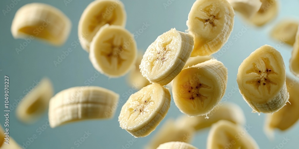 Poster bunch of bananas are flying through the air. the bananas are sliced and scattered in different direc