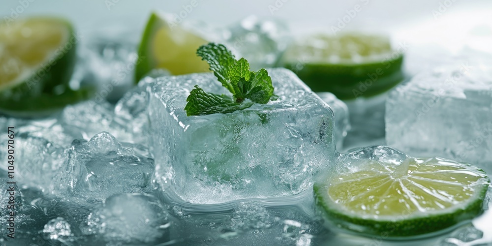 Poster glass of ice water with a lime wedge and a sprig of mint on top. the image conveys a refreshing and 