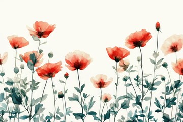 Painting of a field of red flowers with a blue sky in the background. The flowers are arranged in a row, with some in the foreground and others in the background. The painting has a serene