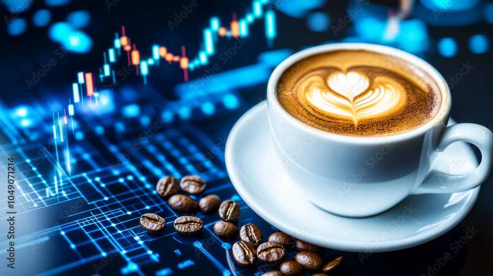 Poster a white coffee cup with a heart design on it sits on a table with a graph of stock prices