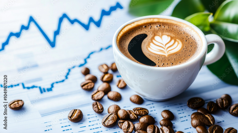 Poster a white coffee cup with a leaf design on it is sitting on a table with coffee grounds and a graph. c
