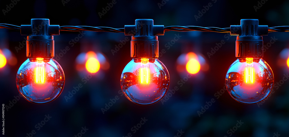 Poster a string of lights with a blue background. the lights are orange and are hanging from a chain