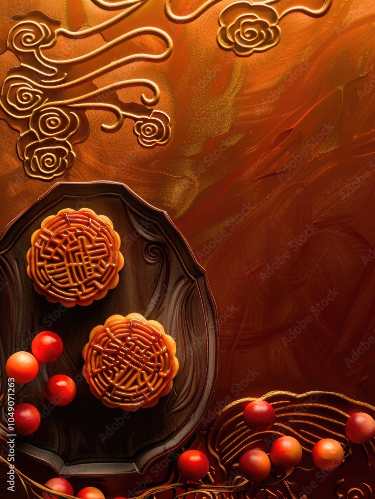 Poster plate of two mochi with red berries on top. the plate is on a table with a gold background