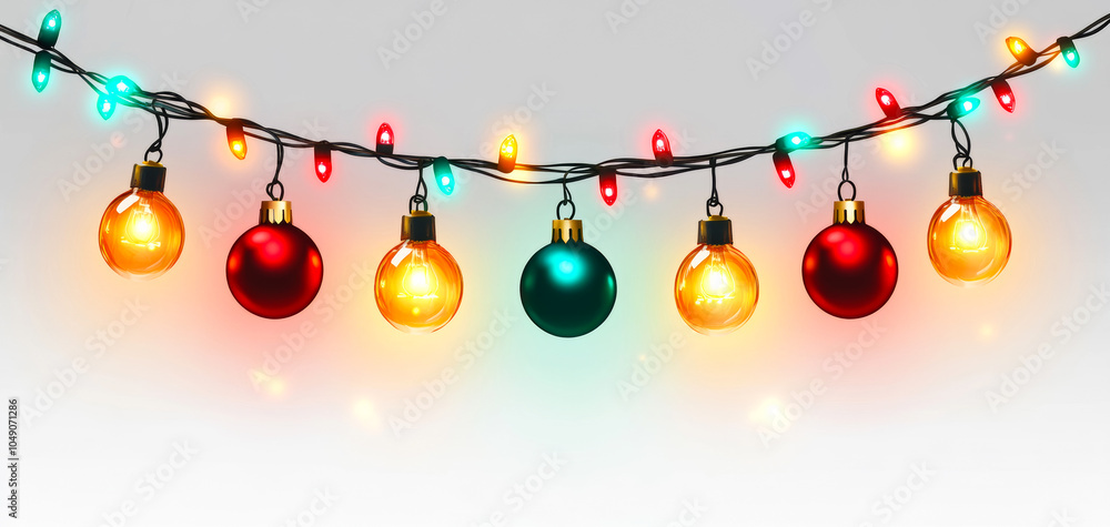 Poster a string of christmas lights with a variety of colored ornaments hanging from it. the lights are bri