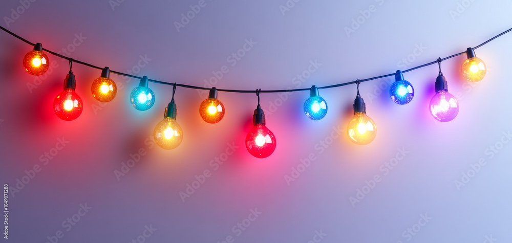 Poster a string of colorful lights hanging from a wall. the lights are of different colors and are arranged