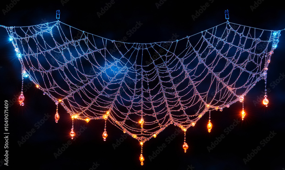 Poster a colorful spider web with lights hanging from it. the lights are in different colors and are hangin