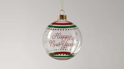 On the white banner is a Christmas tree decoration in the form of a transparent ball with wishes for a happy New Year. Concept, minimalism, sale