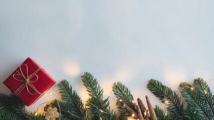 On a white background there is a red gift with the left side at the bottom with spruce branches and a garland. There is a lot of empty space for text in the center