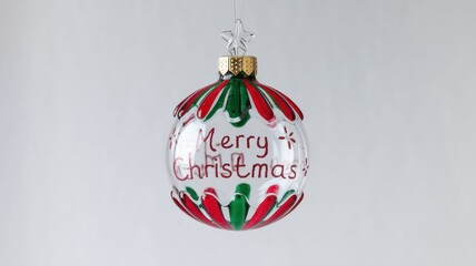 On the white banner is a Christmas tree decoration in the form of a transparent ball with wishes for a happy New Year. Concept, minimalism, sale