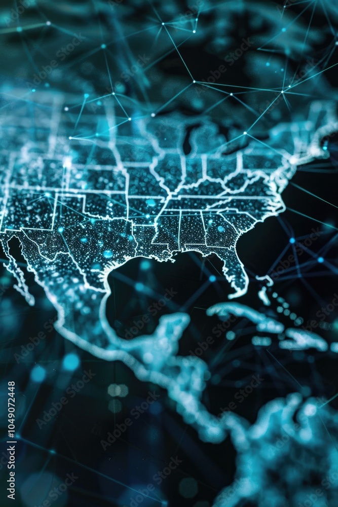 Poster blue and white map of the united states with a lot of dots. the dots are connected to each other, cr