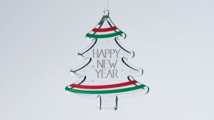 On a white banner there is a Christmas tree decoration in the form of a transparent Christmas tree with wishes for a Happy New Year. Car showroom concept, minimalism, sale