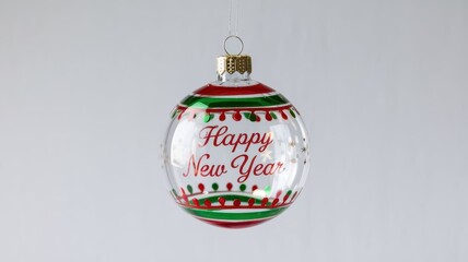 On the white banner is a Christmas tree decoration in the form of a transparent ball with wishes for a happy New Year. Concept, minimalism, sale,  Christmas