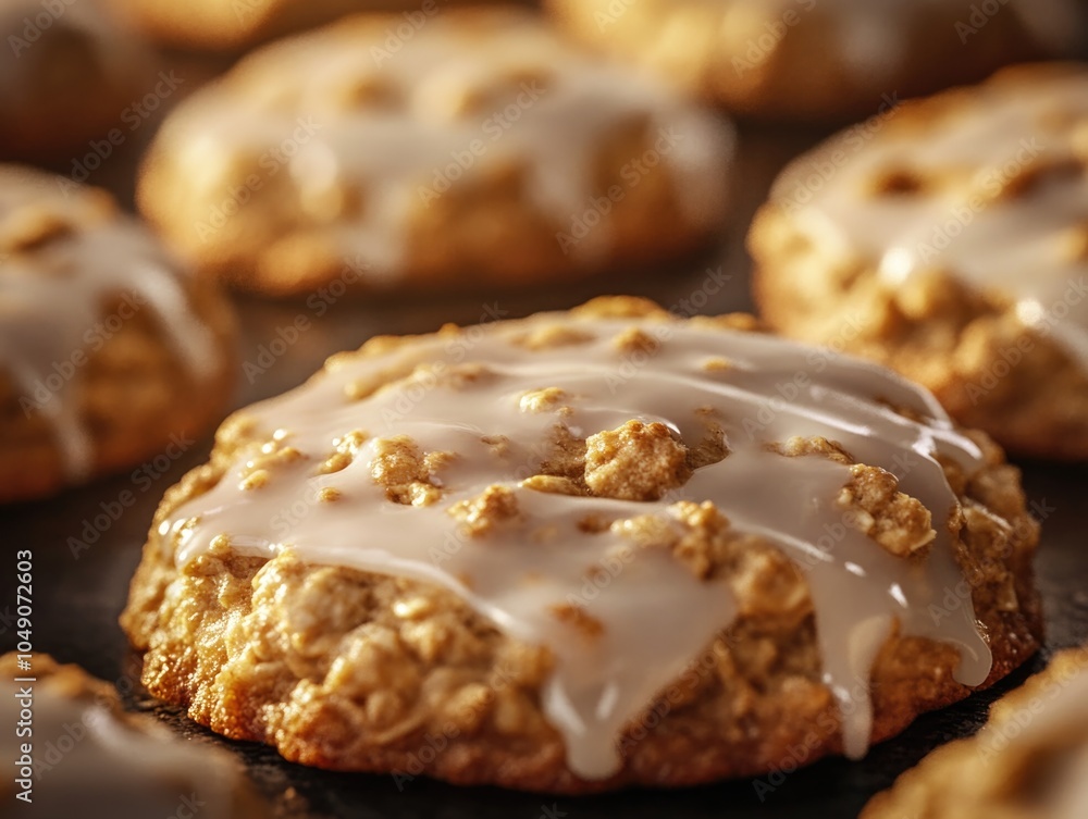 Aufkleber plate of cookies with a glaze on top. the cookies are arranged in a row and are all the same size