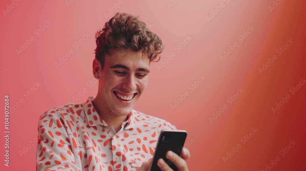 Poster man is smiling while holding a cell phone. he is looking at the screen and he is enjoying himself