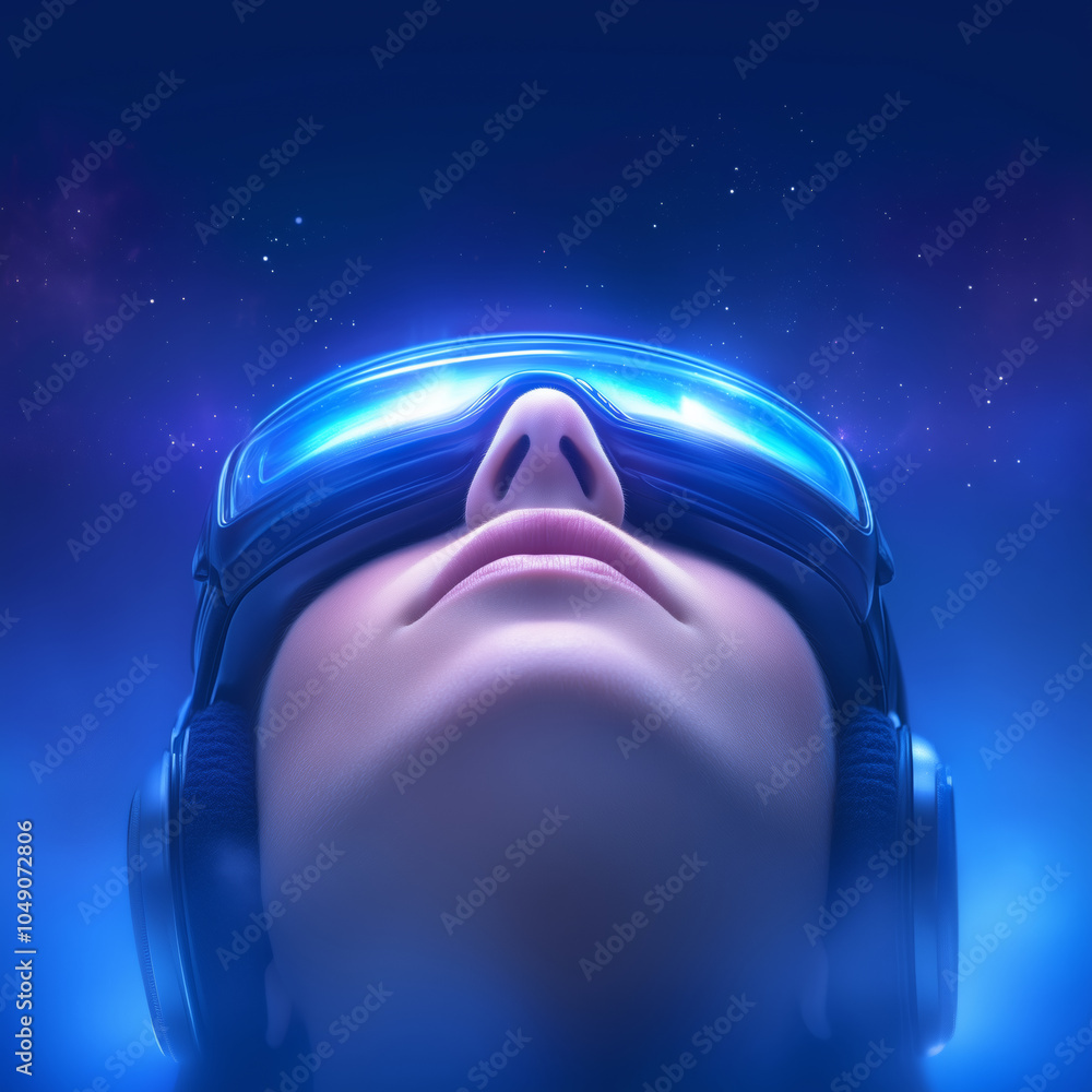 Poster exploring the wonders of virtual reality with a headset in a captivating cosmic environment