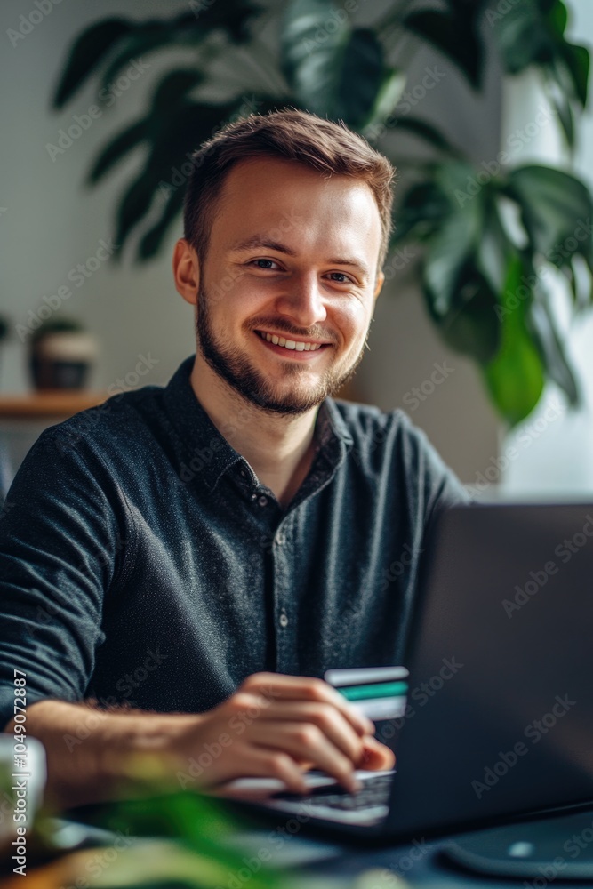 Poster man is sitting at a desk with a laptop and a credit card. he is smiling and he is happy
