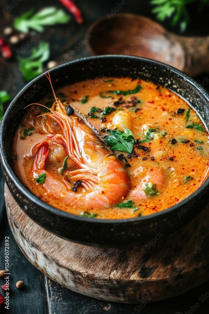 Poster bowl of soup with a shrimp in it. the soup is red and has a lot of spices in it