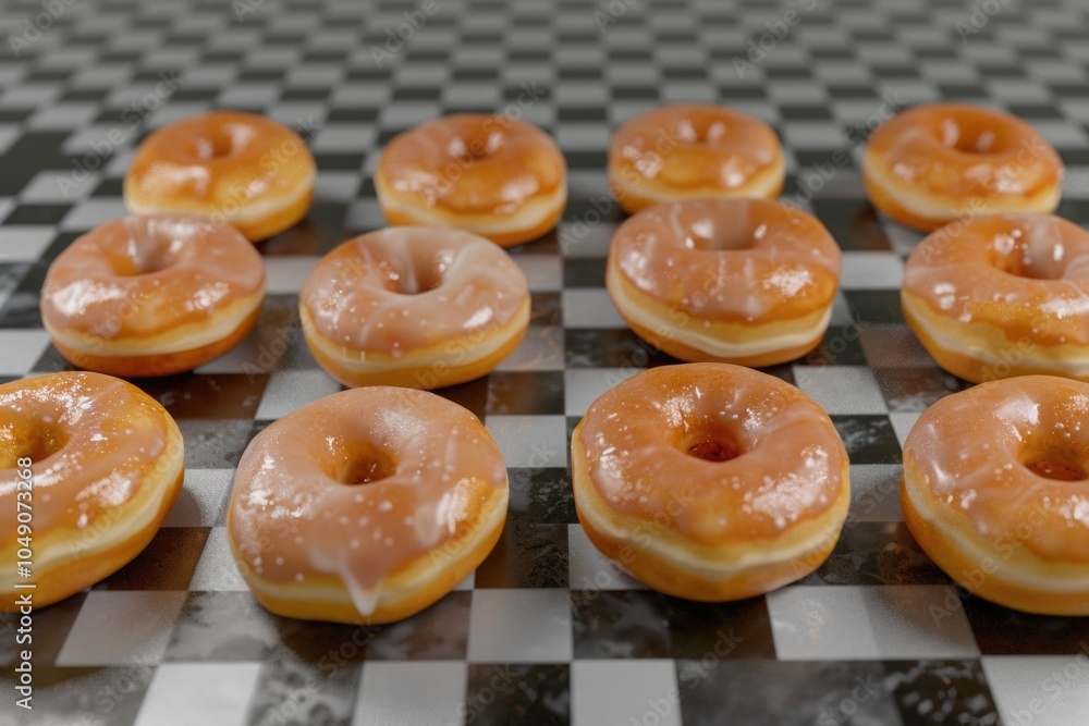 Aufkleber checkered background with a row of glazed donuts. the donuts are arranged in a neat row, with some o